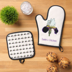Ensemble De Gant De Cuisine Et De Manique Ensemble de protège-poêles à iris violet et blanc