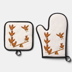 Ensemble De Gant De Cuisine Et De Manique équipe d'acrobates de poulets gazouillants