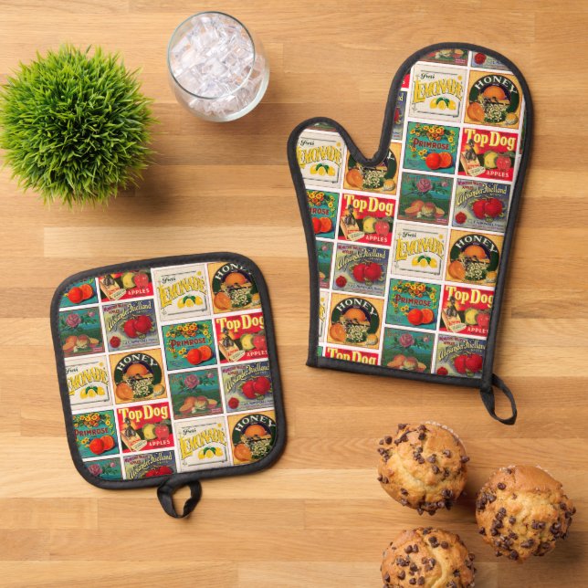 Ensemble De Gant De Cuisine Et De Manique Étiquettes alimentaires vintages Motif coloré (De haut en bas)