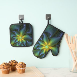 Ensemble De Gant De Cuisine Et De Manique Etoile Abstraite, Bleu brillant Vert Or Fractal Ar