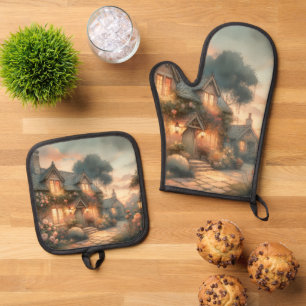 Ensemble De Gant De Cuisine Et De Manique Fairytale Cottage au coucher du soleil avec Rose