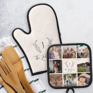 Ensemble De Gant De Cuisine Et De Manique Famille monogramme nom multi photo collage blanc