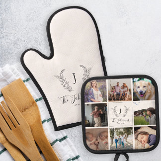 Ensemble De Gant De Cuisine Et De Manique Famille monogramme nom multi photo collage blanc