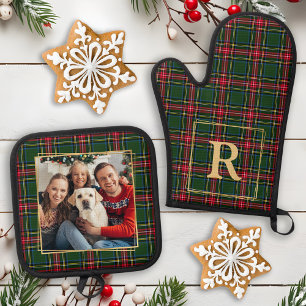 Ensemble De Gant De Cuisine Et De Manique Famille Noël Plantée Custom Gold Monogramme Photo