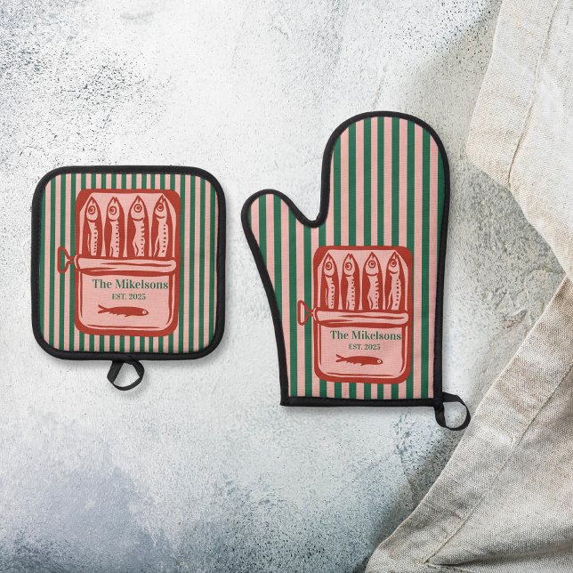 Ensemble De Gant De Cuisine Et De Manique Famille personnalisée Rétro Sardine Tin Stripes (Créateur téléchargé)