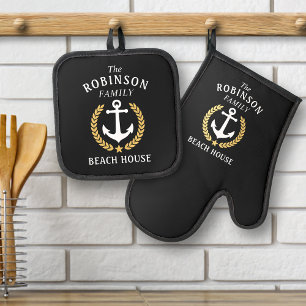 Ensemble De Gant De Cuisine Et De Manique Family Beach House Ancre Gold Laurel Star Black