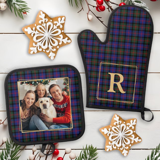 Ensemble De Gant De Cuisine Et De Manique Family Photo Christmas Plaid Personalized Monogram (Créateur téléchargé)