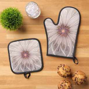 Ensemble De Gant De Cuisine Et De Manique Fantaisie Florale, Fleur Pastel Moderne Abstraite