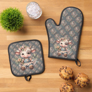 Ensemble De Gant De Cuisine Et De Manique Farmcore Kawaii Calf en Vintage robe florale