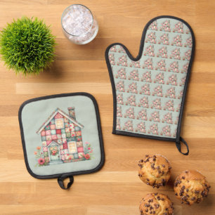 Ensemble De Gant De Cuisine Et De Manique Fausse Maison de Campagne Patchwork Florale Cottag