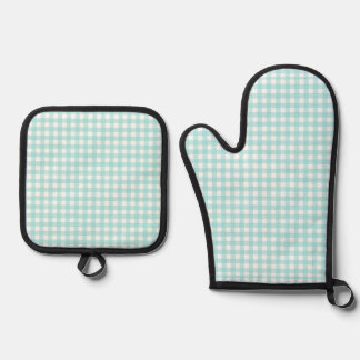 Ensemble De Gant De Cuisine Et De Manique Faye et Lauren Aqua Blue Gingham 1