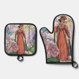 Ensemble De Gant De Cuisine Et De Manique Femme victorienne à la mode rouge colorée