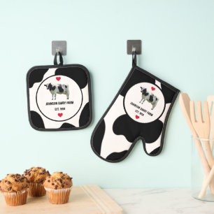 Ensemble De Gant De Cuisine Et De Manique Ferme laitière Vache noire et blanche Cute Coeur r