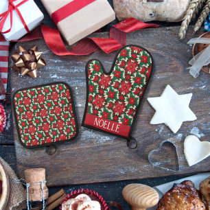 Ensemble De Gant De Cuisine Et De Manique Festif Rouge et vert Poinsettia Floral