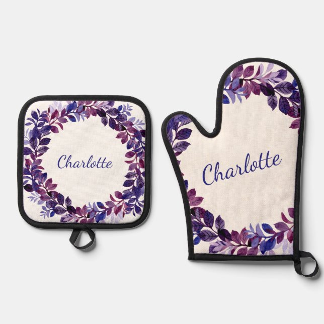 Ensemble De Gant De Cuisine Et De Manique Fête de mariée personnalisée violet fleuri Favoris (Recto)