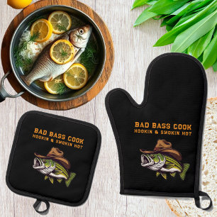 Ensemble De Gant De Cuisine Et De Manique Fête des pères Funny Fish portant un Casquette Cow