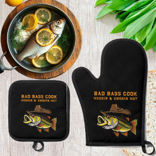 Ensemble De Gant De Cuisine Et De Manique Fête des pères Funny Fish portant un Casquette Cow