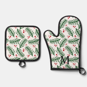 Ensemble De Gant De Cuisine Et De Manique Feuillage de Noël avec Baies INITIAL Fête Moderne