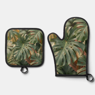Ensemble De Gant De Cuisine Et De Manique Feuillage tropical luxuriant Monstera fougères Jun