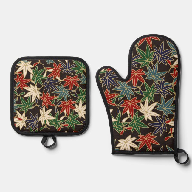 Ensemble De Gant De Cuisine Et De Manique Feuille d'érable japonaise (Recto)