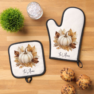 Ensemble De Gant De Cuisine Et De Manique Feuilles d'automne et citrouille blanche