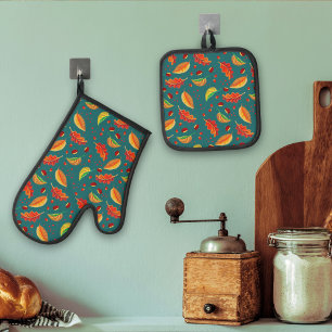 Ensemble De Gant De Cuisine Et De Manique Feuilles d'automne Noix châtaignes Motif Élégant a