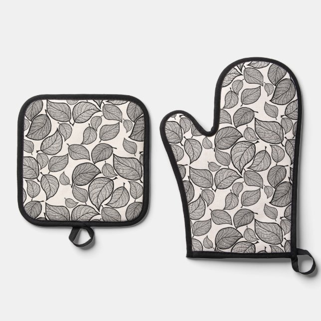 Ensemble De Gant De Cuisine Et De Manique Feuilles noires blanc (Recto)