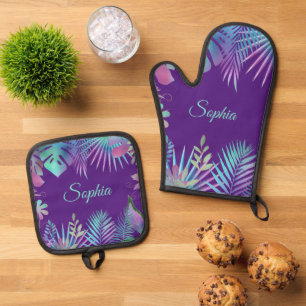 Ensemble De Gant De Cuisine Et De Manique Feuilles tropicaux Iridescendant, nom Turquoise su