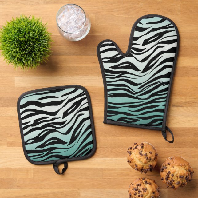Ensemble De Gant De Cuisine Et De Manique Fille Mint Ombre Black Zebra Impression (De haut en bas)