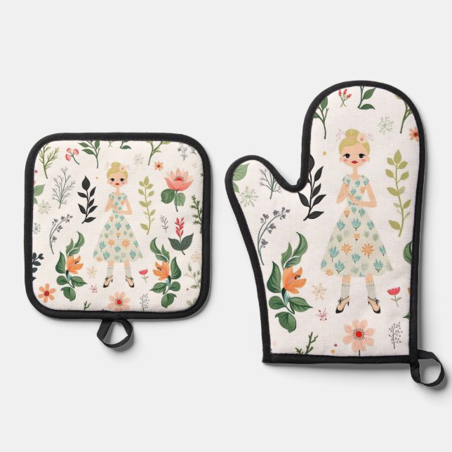 Ensemble De Gant De Cuisine Et De Manique Fille parmi les fleurs (Recto)