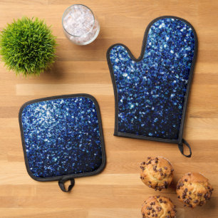 Ensemble De Gant De Cuisine Et De Manique Flamme de parties scintillant bleu foncé