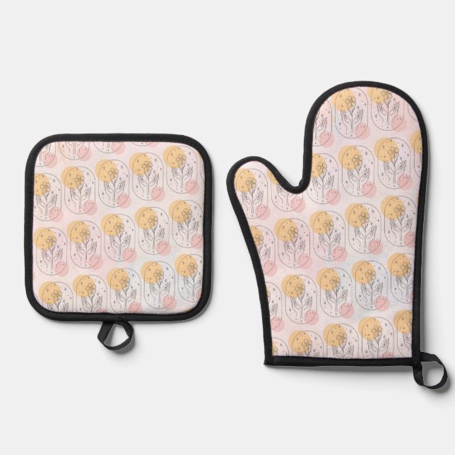 Ensemble De Gant De Cuisine Et De Manique Fleur (Recto)