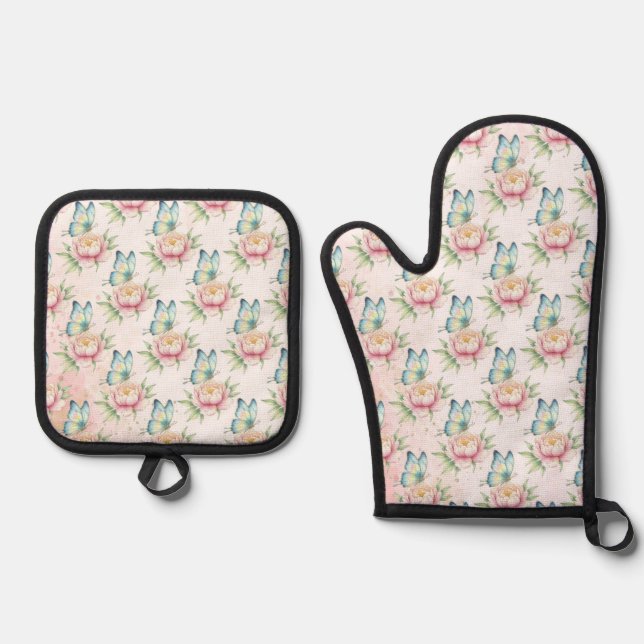 Ensemble De Gant De Cuisine Et De Manique Fleur (Recto)