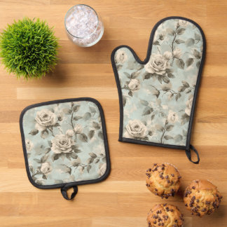 Ensemble De Gant De Cuisine Et De Manique Fleur chic shabby bleu et blanc