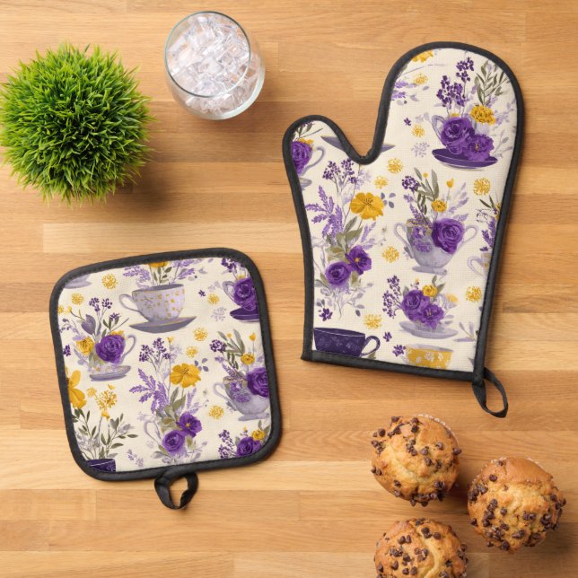 Ensemble De Gant De Cuisine Et De Manique Fleur dansante  (De haut en bas)