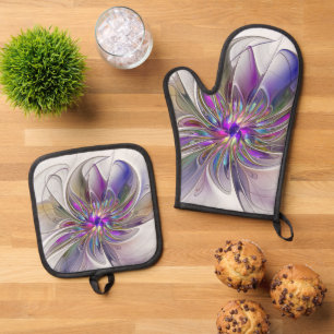 Ensemble De Gant De Cuisine Et De Manique Fleur d'art fractal abstrait énergique et coloré