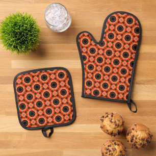 Ensemble De Gant De Cuisine Et De Manique Fleur d'automne orange