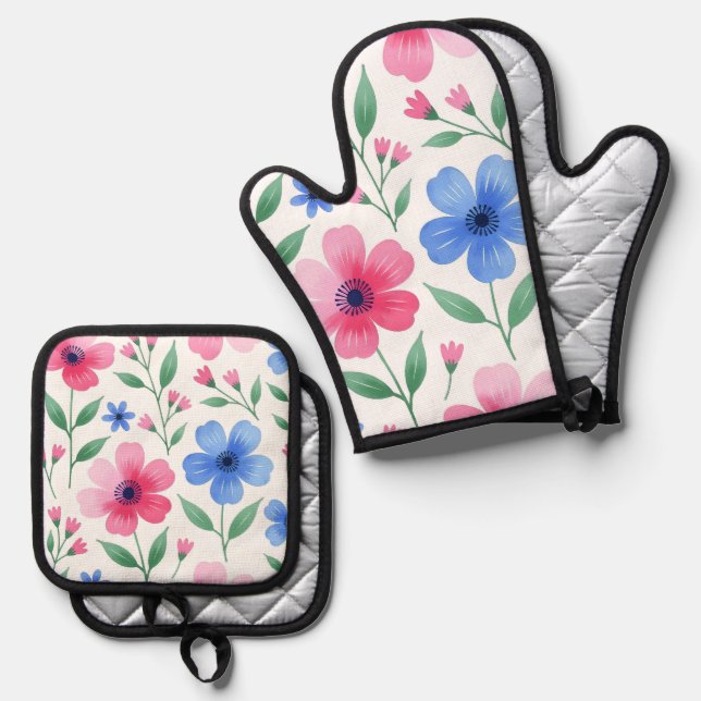 Ensemble De Gant De Cuisine Et De Manique Fleur de Eau de Rose (Recto/Verso)