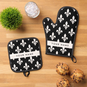 Ensemble De Gant De Cuisine Et De Manique Fleur de Lis, Blanc sur Noir, Blanc, Votre Nom