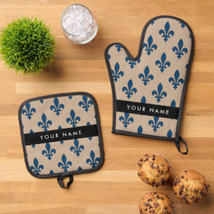 Ensemble De Gant De Cuisine Et De Manique Fleur de Lis, Bleu Marine sur Beige, Royal, Votre