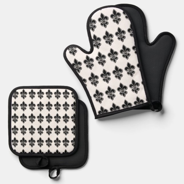 Ensemble De Gant De Cuisine Et De Manique Fleur de lis noir et blanc (Recto/Verso)