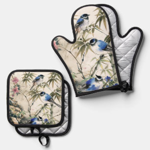 Ensemble De Gant De Cuisine Et De Manique Fleur de l'oiseau japonais vintage