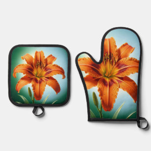 Ensemble De Gant De Cuisine Et De Manique Fleur de lys orange vibrant en fleurs