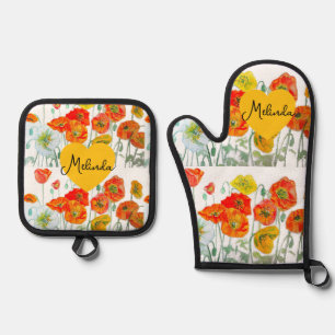 Ensemble De Gant De Cuisine Et De Manique Fleur de pavot orange rouge aquarelle nom de femme