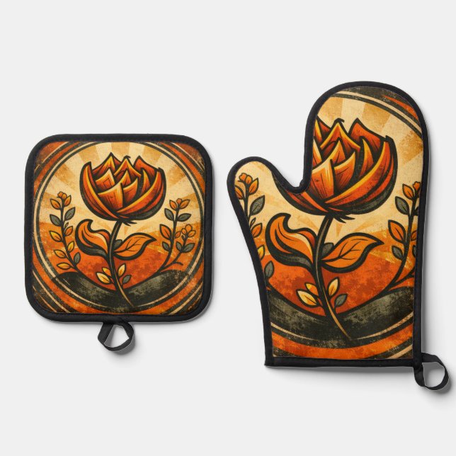 Ensemble De Gant De Cuisine Et De Manique Fleur de sommet  (Recto)