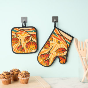 Ensemble De Gant De Cuisine Et De Manique Fleur d'Horizon Doré  