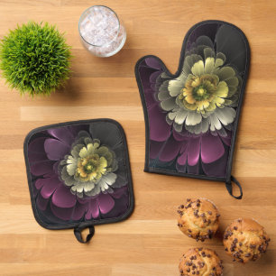 Ensemble De Gant De Cuisine Et De Manique Fleur fractale grise de pourpre moderne abstraite