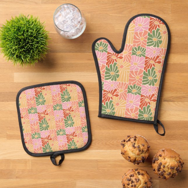 Ensemble De Gant De Cuisine Et De Manique Fleur groovy rétro  (De haut en bas)