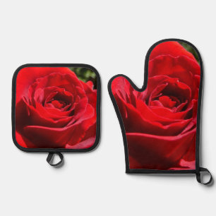 Ensemble De Gant De Cuisine Et De Manique Fleur rose rouge vif Belle florale