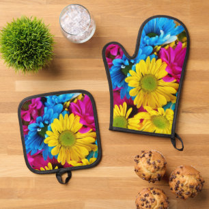 Ensemble De Gant De Cuisine Et De Manique Fleurs colorées, marguerites - Rose Jaune Bleu